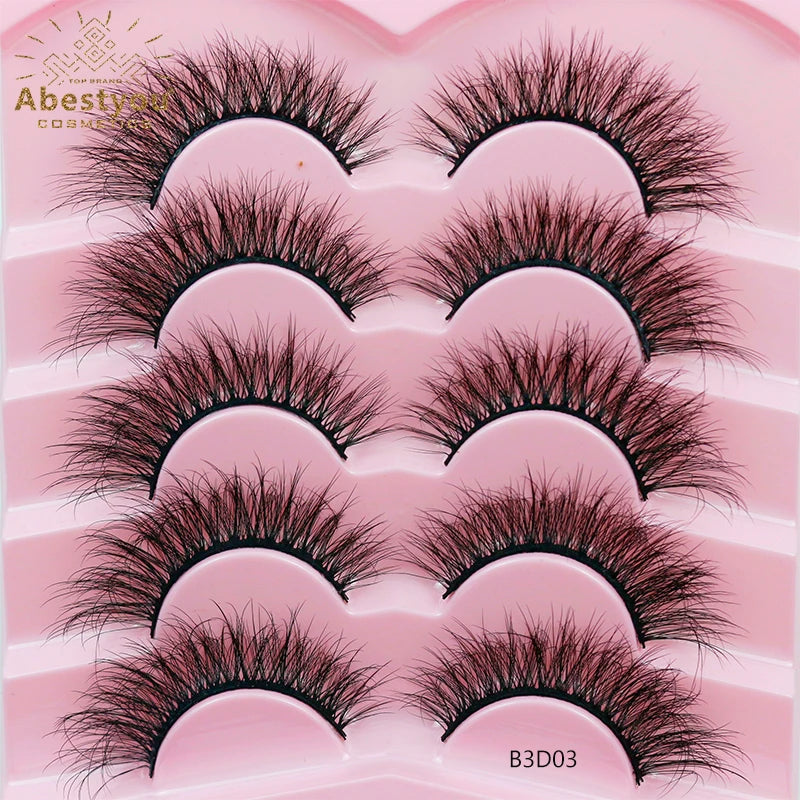 Abestyou 5 Pairs Box Reusable False Fluffy Eyelashes 5d Individual Human Hair Strip Russian Volume Wispy Lashes Bulk Wholesale