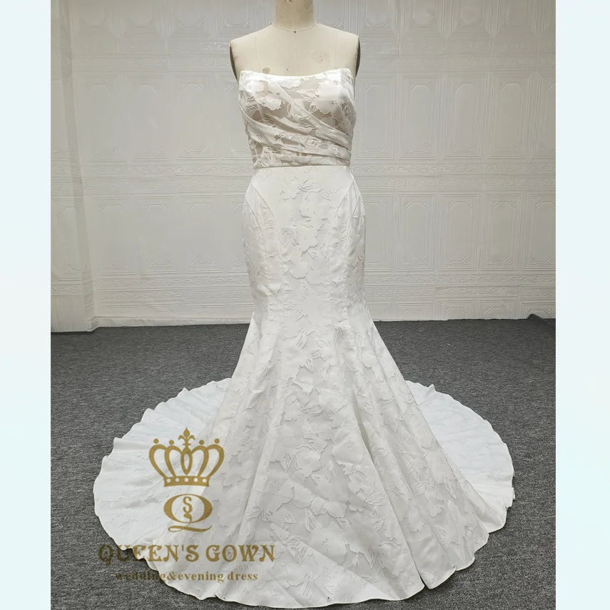 QUEENS GOWN Mermaid Strapless Dress With Pleat Scoop Neckline Sheer Bodice Wedding Bridal Dress