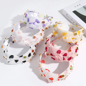 Valentine's Day Rhinestone Headbands for Women Red Pink Pearl Crystal Knotted Hair Band Fashion Wide Solid Color Hair Hoop