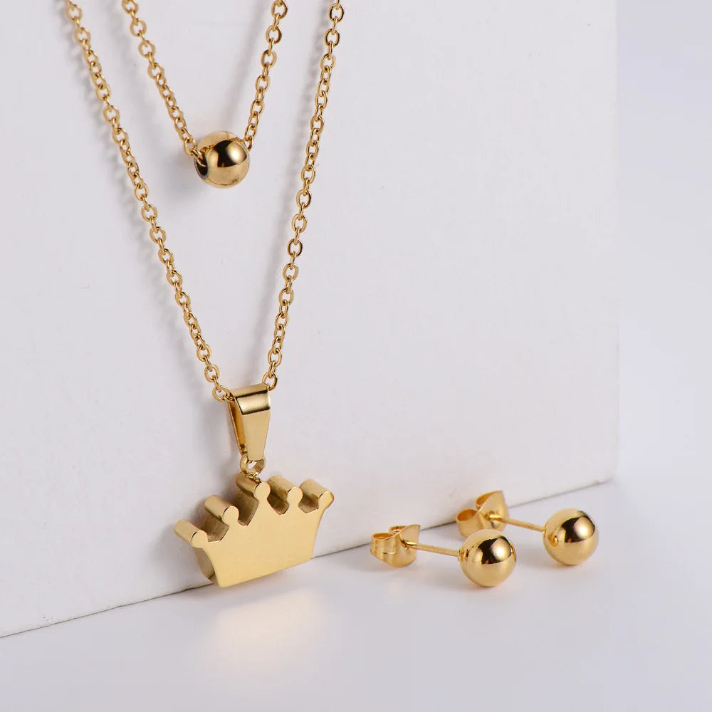 Charms 18k Gold Silver Crown Pendent Earring Women Bride Tiara Jewelry Sets