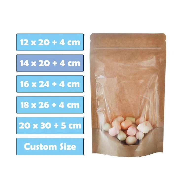 14x20cm Zipper Doypack Resealable Zip Lock Packaging Brown Kraft Paper Stand up Pouches With Clear Transparent Front