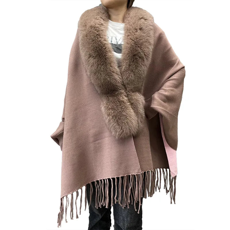 Winter Autumn Luxury Fur Collar Cape Women Real Fox Fur Fur Poncho Shawls With Tassels