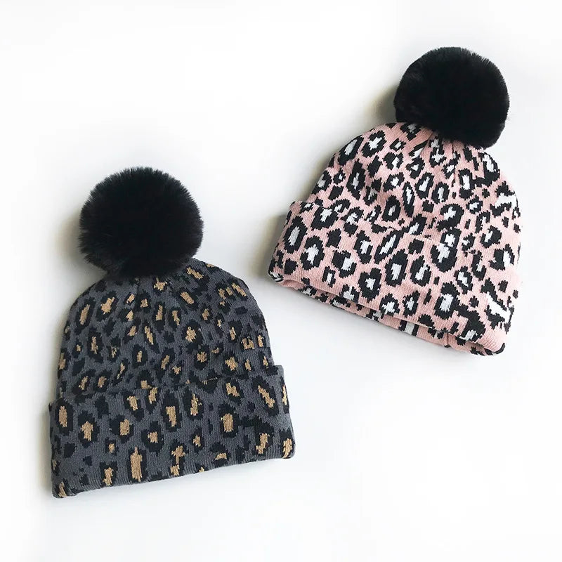 Wholesale New Mommy Children Knitted Cheetah Leopard Pom Pom Toddler Beanie Black Ball Autumn Warm Lady Women Kid Winter Hats