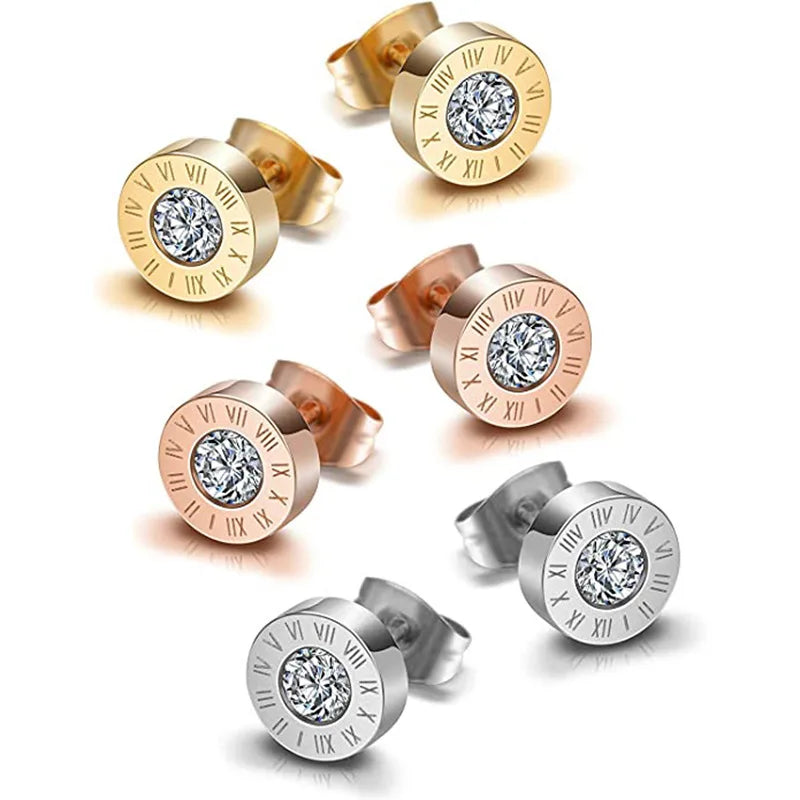 Gold Plated Jewelry Stainless Steel Roman Numeral Zircon Stud Earrings 18k Rose Gold Simple Earrings for Women Free Shipping