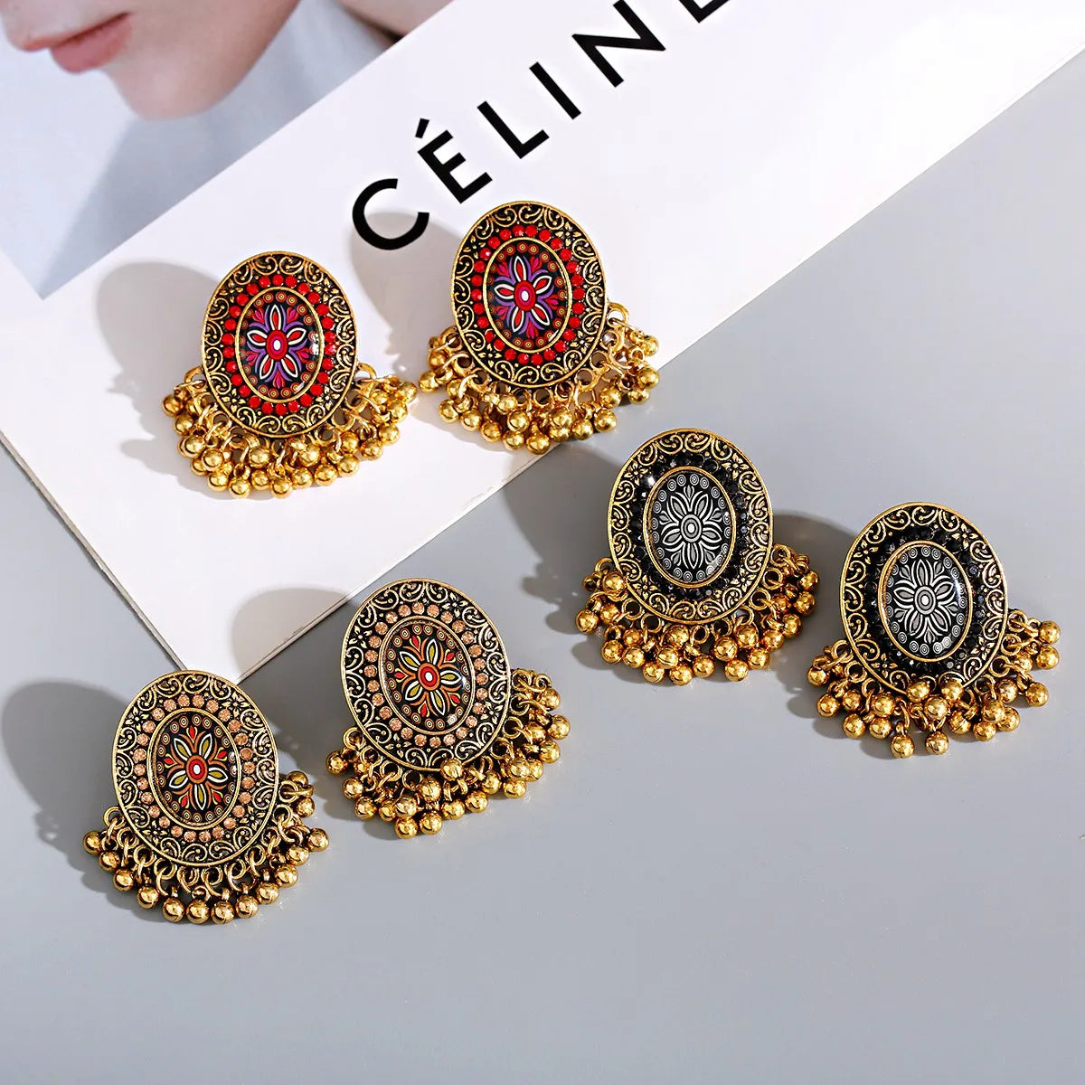 Retro Big Round Gold Silver Jhumka Drop Balls Earrings Indian Jewelry Gemstone Ethnic Gypsy Women Boho Jewelry Ladies Retro