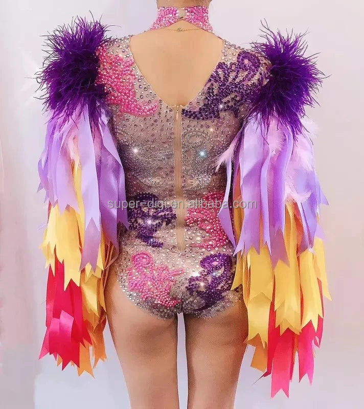 Sexy Club Color Ribbon Sparkly Rhinestone Bodysuit Crystal Bodysuit Women Singer Dancer DS Costume Nightclub Dj Stage Cloth