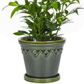 Exquisite Antique Green Relief Pattern Ceramic Flower Pot With Saucer Drainage Hole Plant Garden Home Decoration