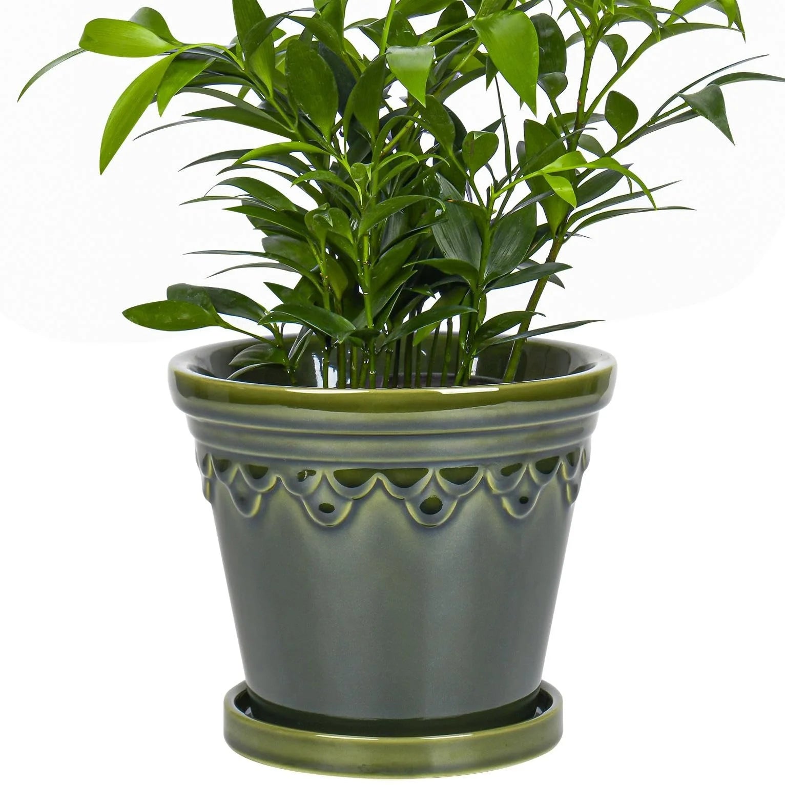 Exquisite Antique Green Relief Pattern Ceramic Flower Pot With Saucer Drainage Hole Plant Garden Home Decoration