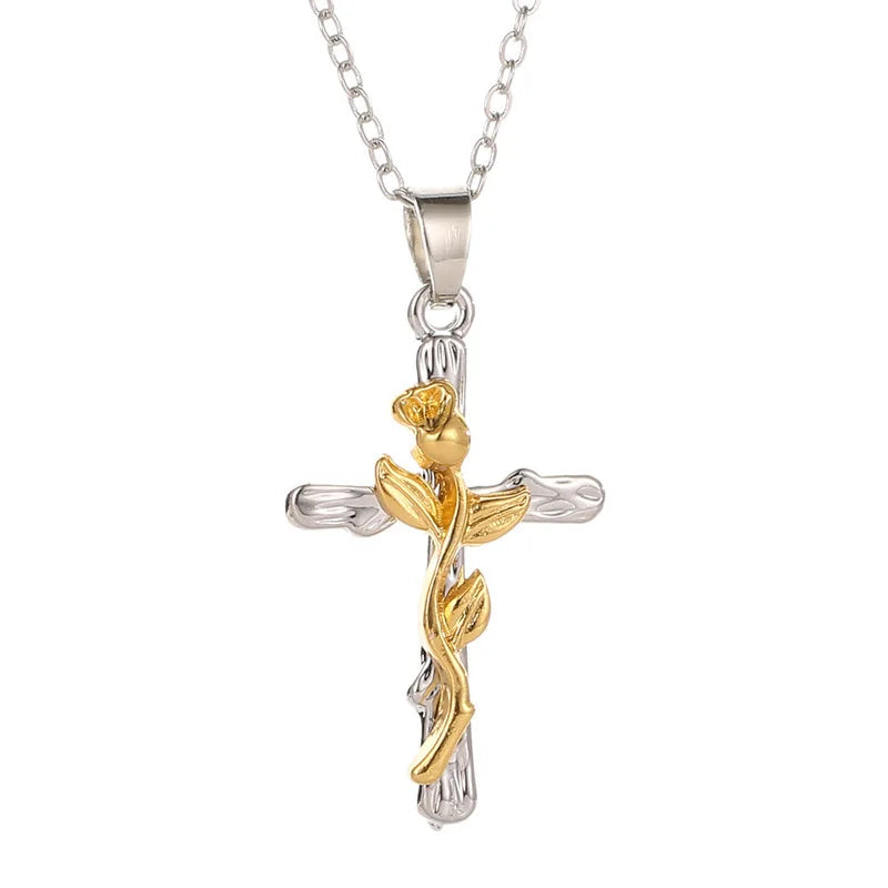 SC Wholesale Gothic Rose Flower Necklace Fashion Hip Hop Lucky Necklace Vintage Gold Silver Cross Pendant Necklace for Women