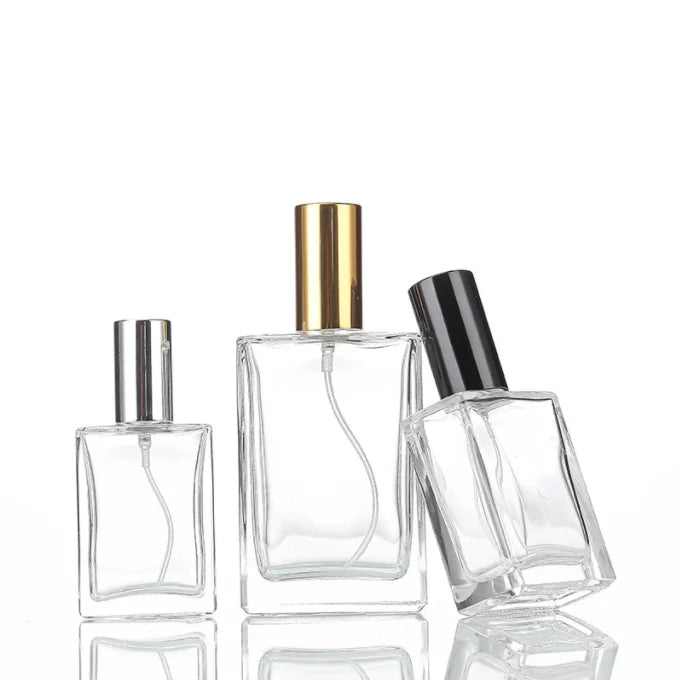 Empty Gold Silver Black Lid Cosmetic Packaging Storage Container 15ml 30ml 50ml Refilled square Glass Perfume Spray Bottle