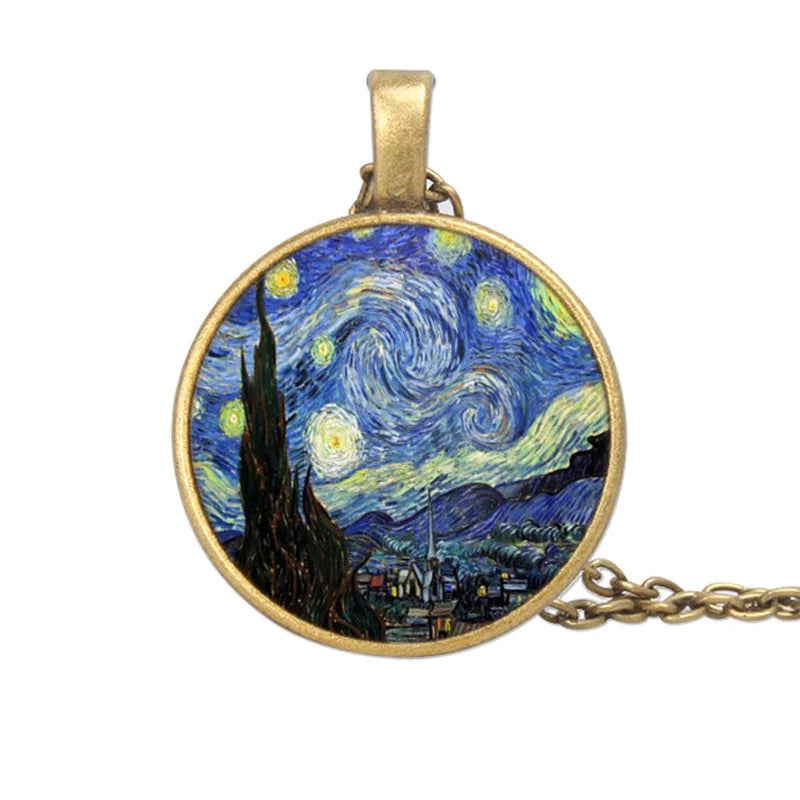 Van Gogh Starry Night Sky Necklace Art Glass Dome Jewelry Monet Klimt's Paintings Pendant Necklace