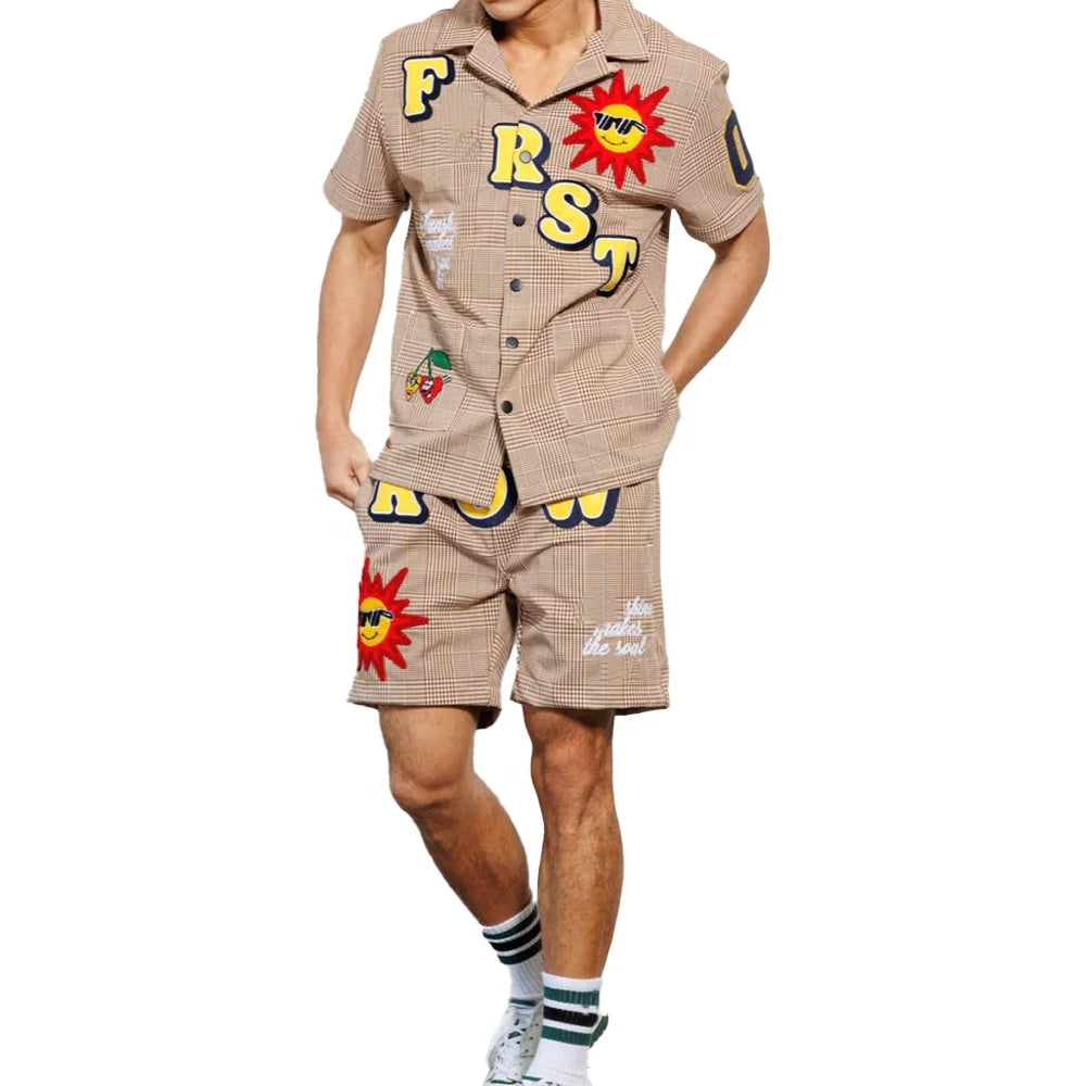 KY Checks Plaids Cotton T-shirt Lapel Collar Embroidery Printing Short Sleeve Button up Lux Man Shirt Shorts Men Outfits