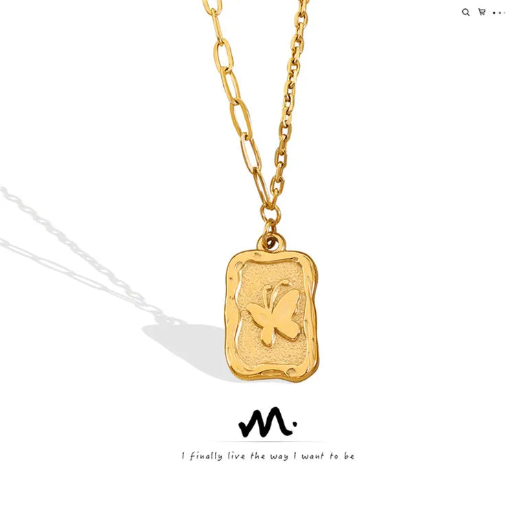Factory Price Retro Stainless Steel 18K Gold Filled Chain Embossed Butterfly Pendant Square Charm Necklace