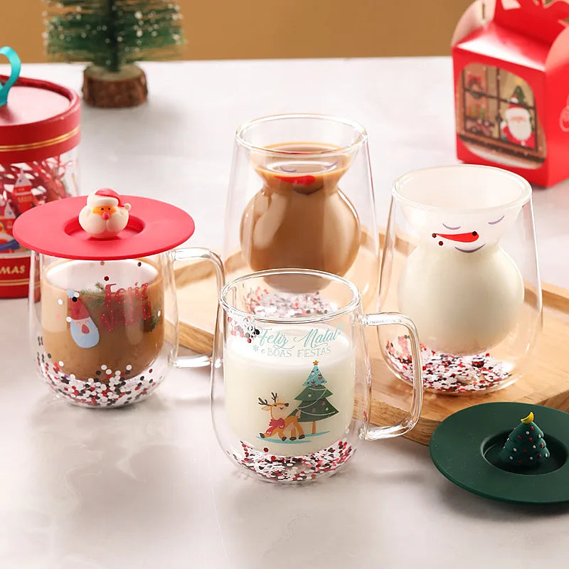 Double Wall Glass Cup with Glitter 150ml 250ml Christmas Gifts Dinnerware Creative Drinking Glassware for Hot & Cold Beverages