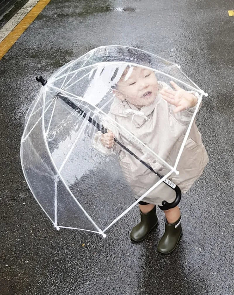 New Luxury Children's Plastic Transparent Umbrella Round Head Straight Style Customizable Printable Logo for Kindergarten Use