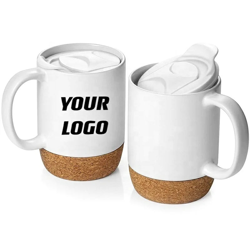 Eco- Friendly Blank White Reusable Wholesale Ceramic Mugs Cork Bottom Ceramic Coffee Mug Cup with Lid
