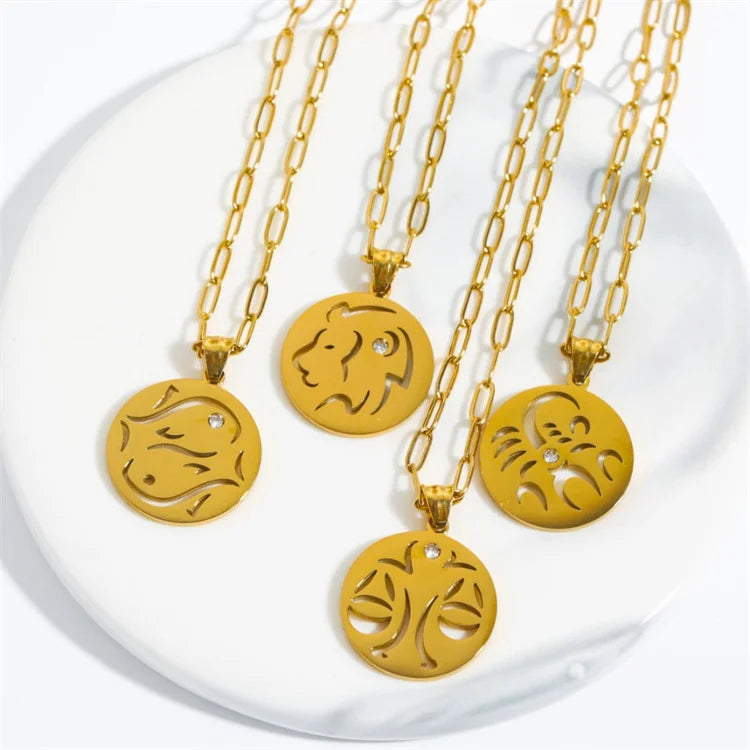 Jewelry Manufacturer Wholesale Zodiac Round Pendant Necklace Custom Cz Zircon Zodiac Charm Necklace