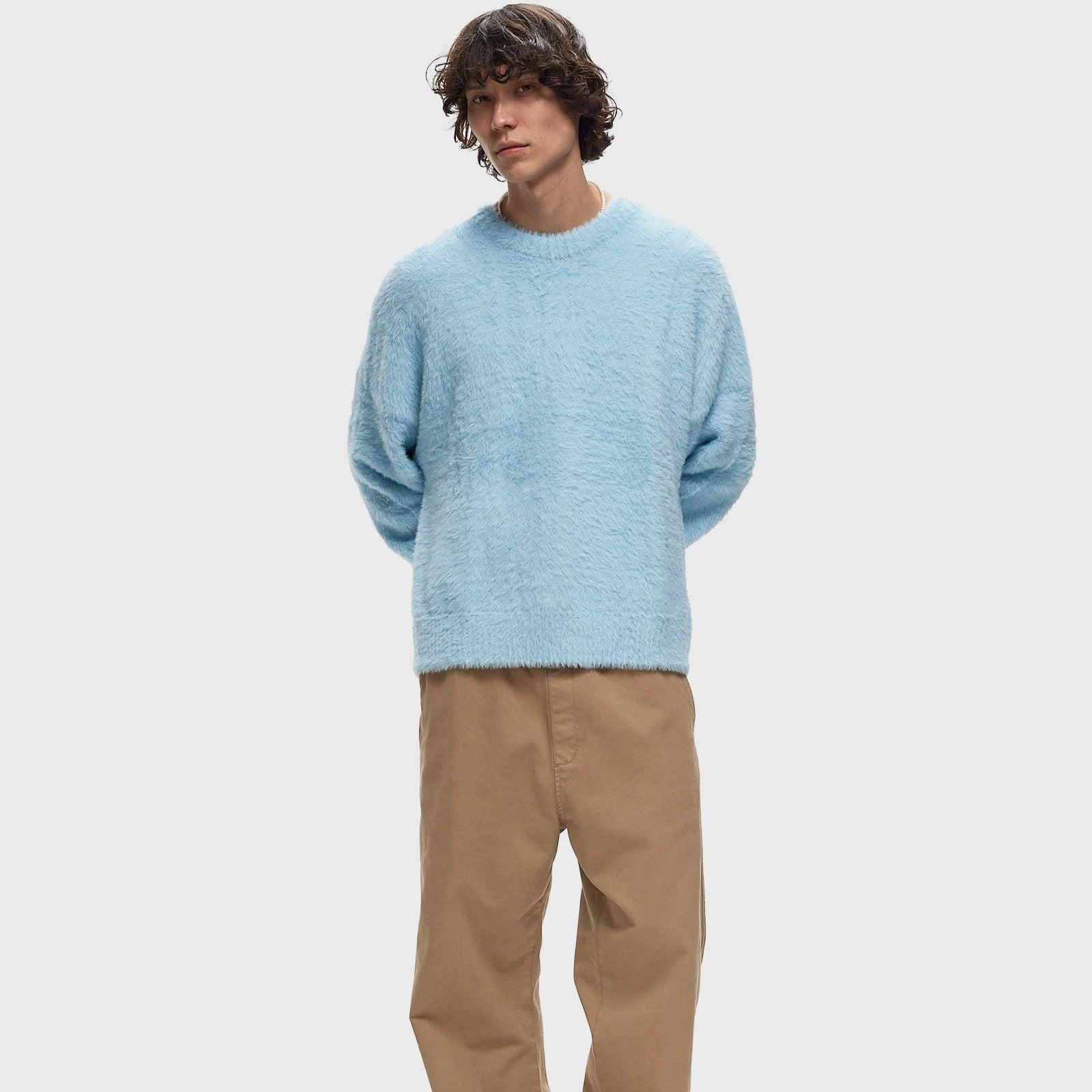 Plus Size Men's Cashmere Winter Sweater - Loose Neck Long Sleeve Fuzzy Mohair Pullover with Thermal Insulation