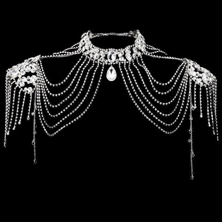 Handmade Elegant Full Diamond Wedding Dress Cape Fancy Long Multilayer Pearl Bridal Jewelry