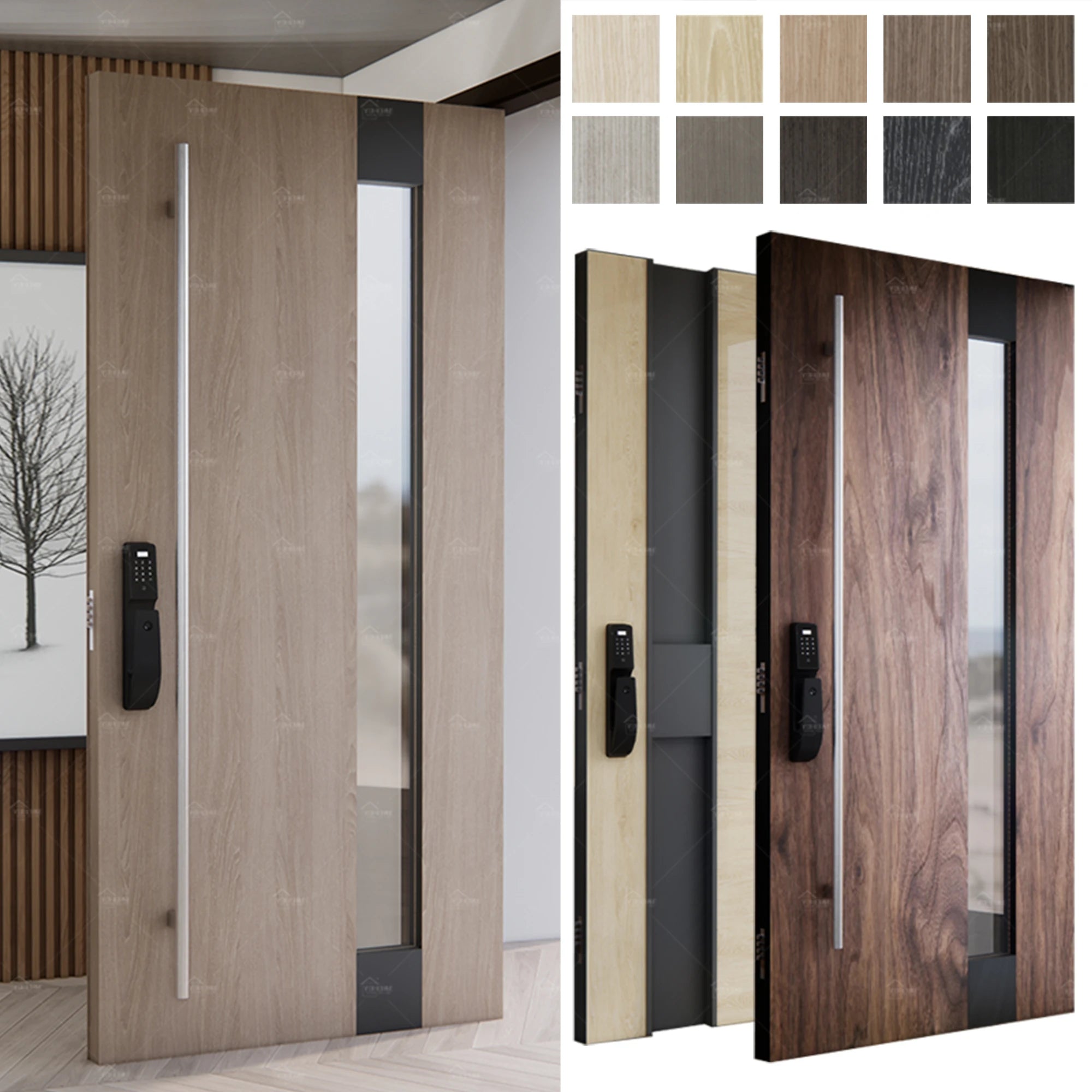 Europe Front Door Custom Smart Lock Main External Wooden Door Designs with Glass Pivot Exterior Security Door