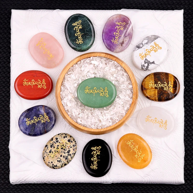 OEM/ODM Natural Crystal Palm Stone 'Om Mani Padme Hum' Carved Buddhist Mantra Spiritual Meditation and Healing Gift
