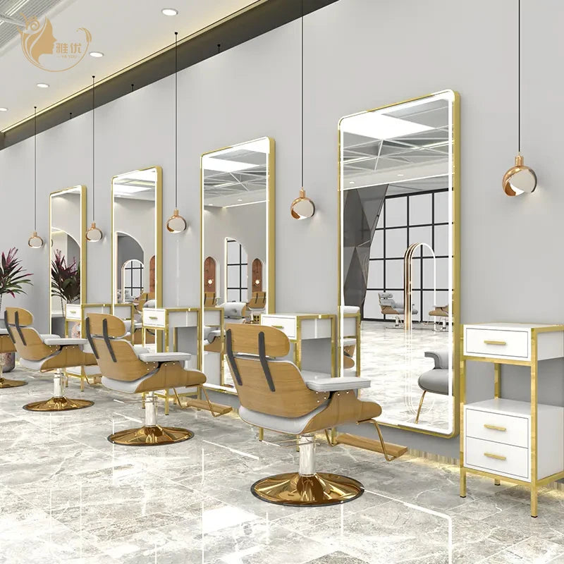 Modern Hexagon Barber Mirror Station with LED Light for Hairdressing Salons