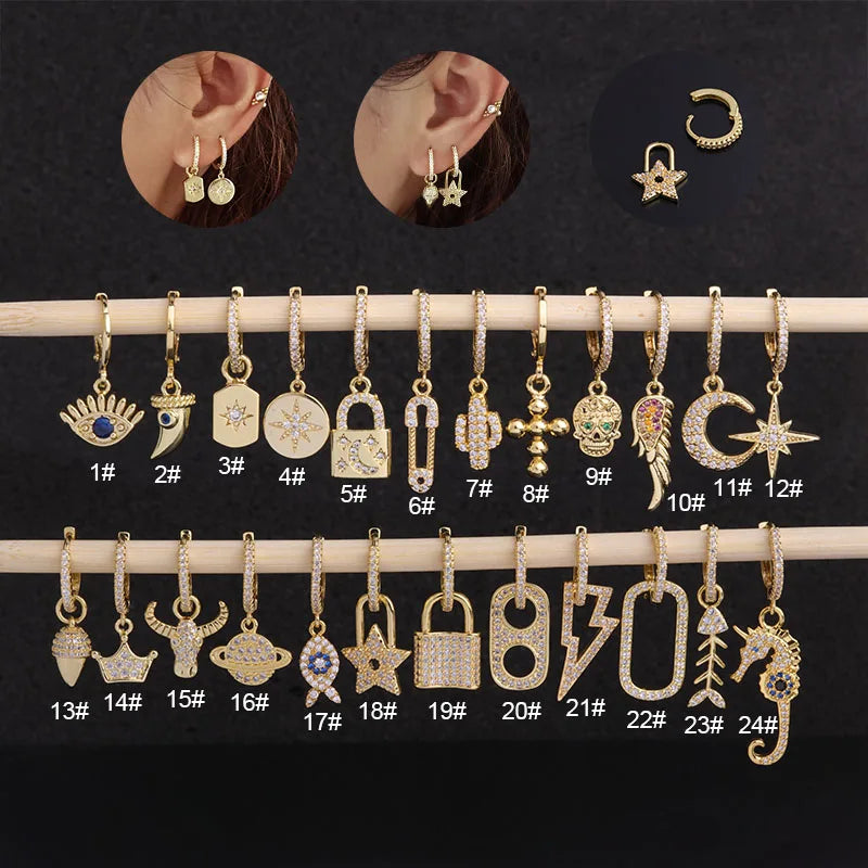 HENGSEN New Type Gold CZ Dangle Huggie Hoop Earring Cross Spike Star Skull Charm Hoop Cartilge Earring Lobe Piercing Jewelry