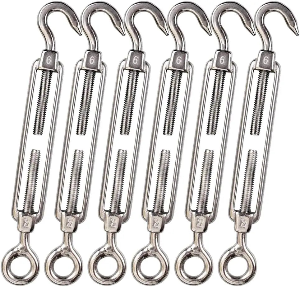 M6 Heavy Duty Stainless Steel 304 Turnbuckle Kit 6-Packs Anti-Rust Hook Eye for Sun Shade Tent Wire Rope Installation Closed