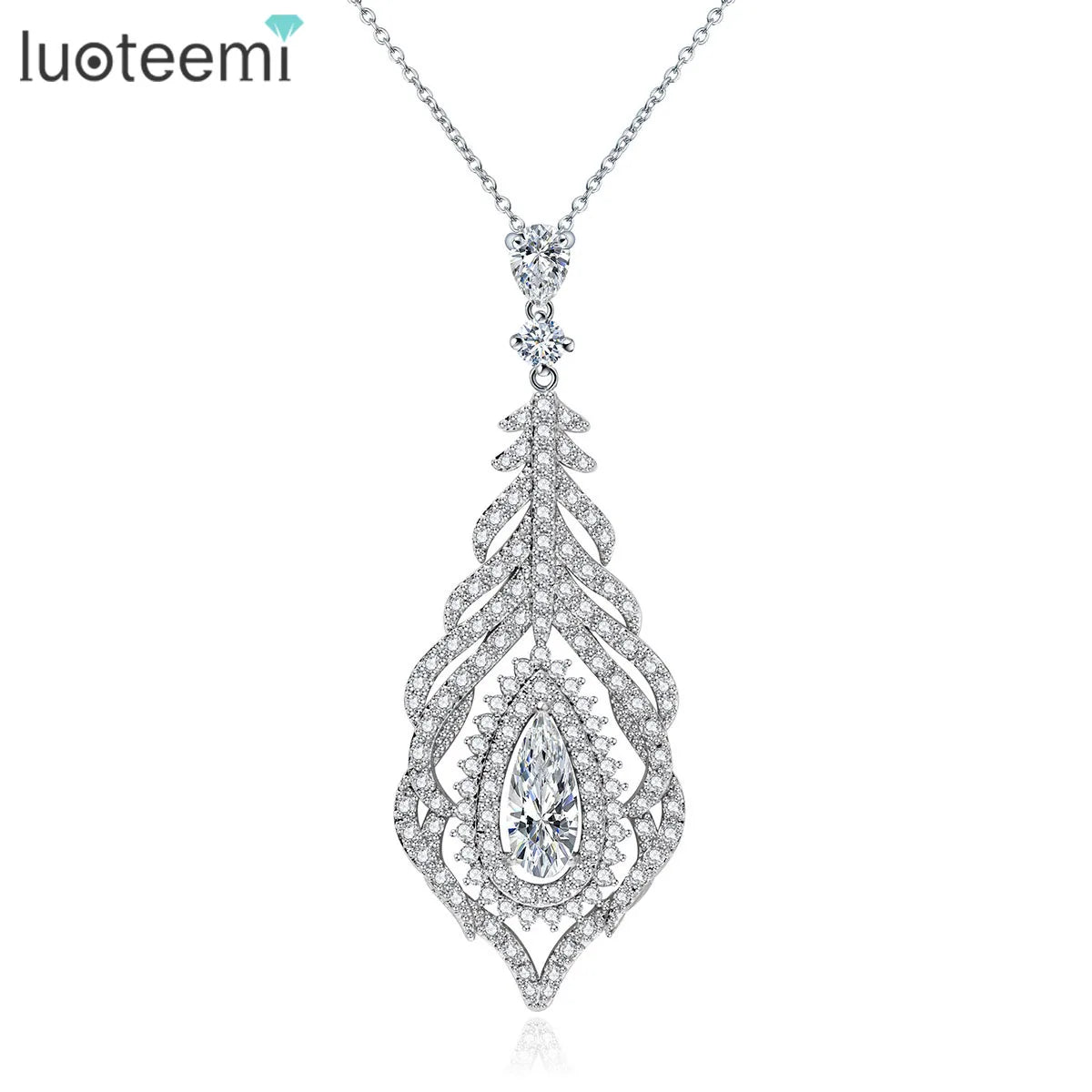 LUOTEEMI Brand New Luxury Jewelry Cubic Zircon Micro Setting Feather Design Pendant Necklaces for Women