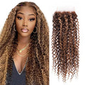 Hot 12A Highlight Kinky Curly Human Hair P4/27 Piano Color 4X4 Lace Closure Brazilian Hair 100% Human Hair 8-22inch Free Part