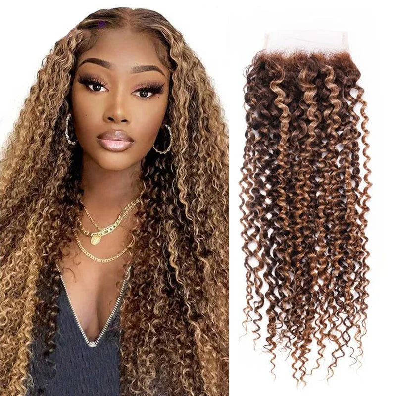 Hot 12A Highlight Kinky Curly Human Hair P4/27 Piano Color 4X4 Lace Closure Brazilian Hair 100% Human Hair 8-22inch Free Part