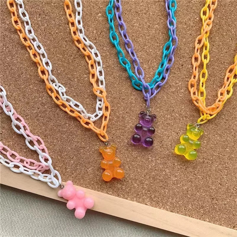 Acrylic Pendant Resin Double Layer Hip Hop Chain Necklace Transparent Yiwu Cute Cuban Link Chain Colorful Candy Bear Necklace