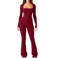 European and American  Foreign Trade Women's Long Sleeved Tight Waist Lifting Hip Square Neck High Elastic Jumpsuit