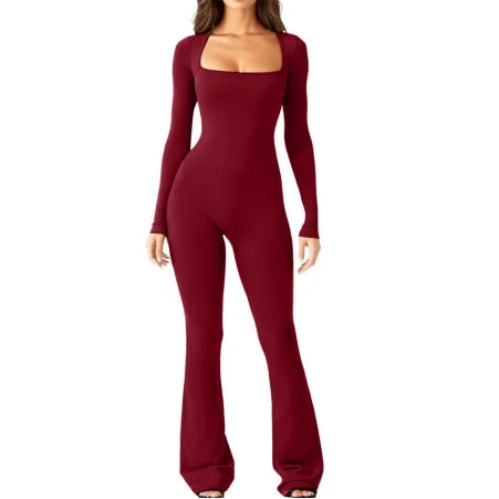 European and American  Foreign Trade Women's Long Sleeved Tight Waist Lifting Hip Square Neck High Elastic Jumpsuit