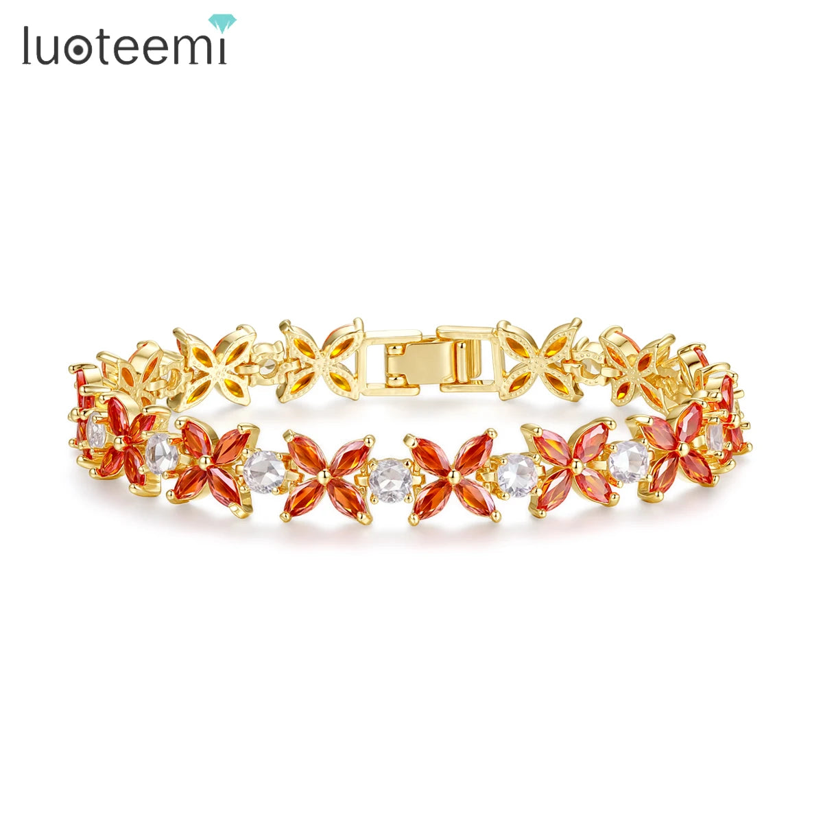 LUOTEEMI Luxury Jewelry Red Clear Cubic Zirconia Stone Lucky Clover Flower CZ Women Bracelets & Bangles
