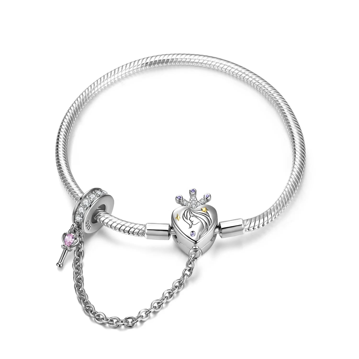 Authentic 925 Sterling Silver Snake Charm Bracelet with CZ Heart Shape Queen Safety Chain DIY Bangle Women Jewelry Wholesale