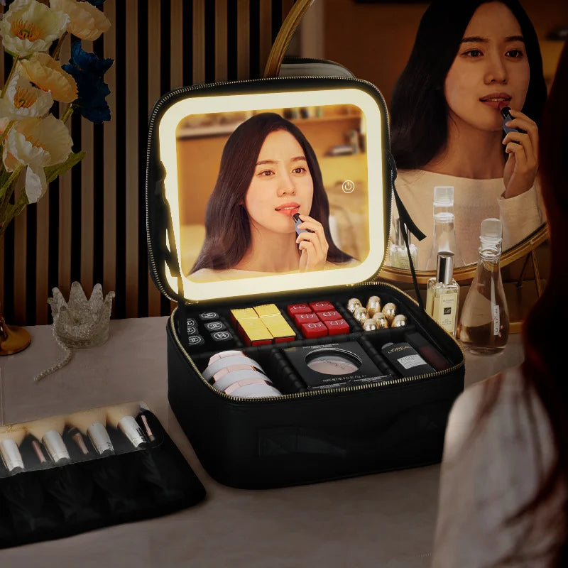 Makeup Bag Case with LED Makeup Mirror for Cosmetic Storage