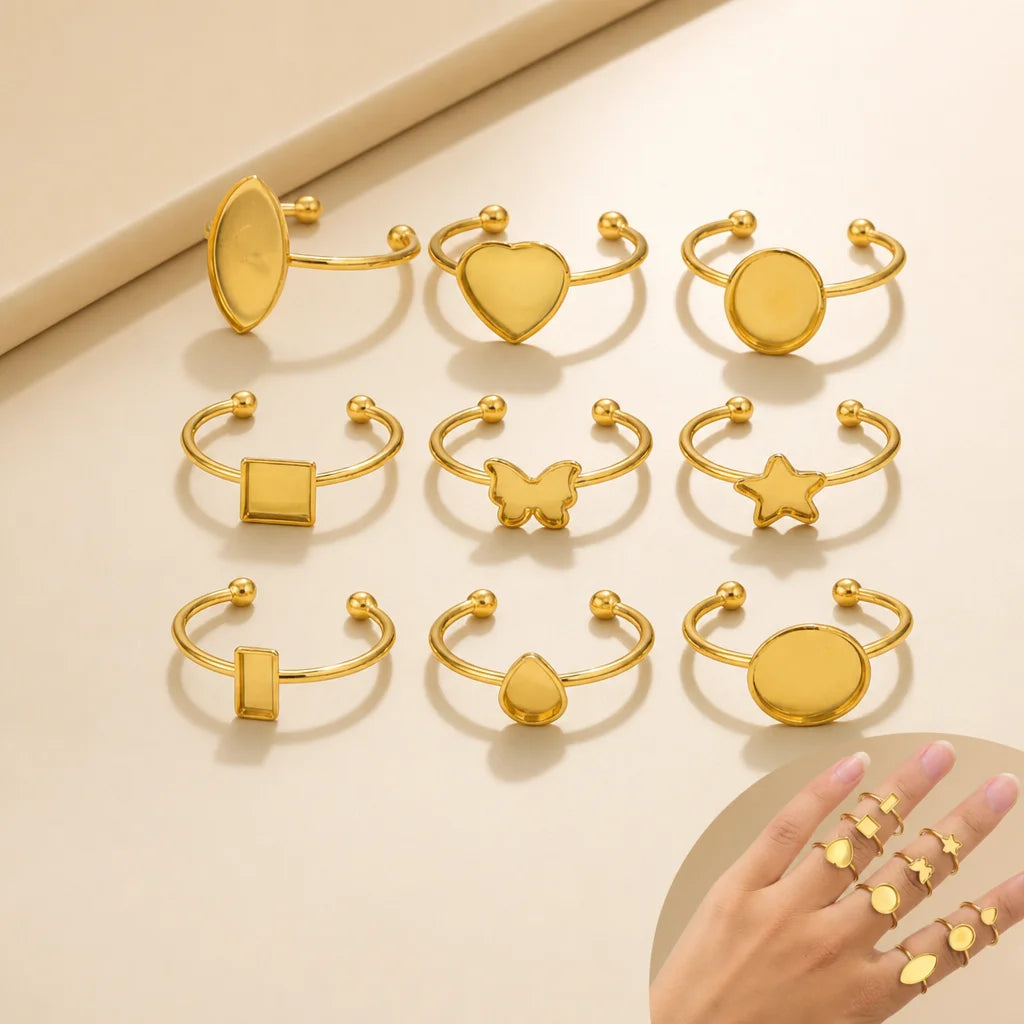 Adjustable Stainless Steel Ring Gold Tone Blank Bezel Trays Jewelry Making Heart Star Square Oval Shaped Cabochon Blank Rings