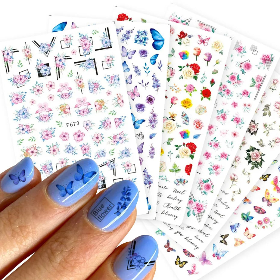 Popular Blue Butterfly Ocean Shell Conch Spring Flower Christmas Flakes 3D Nail Art Sticker Decals