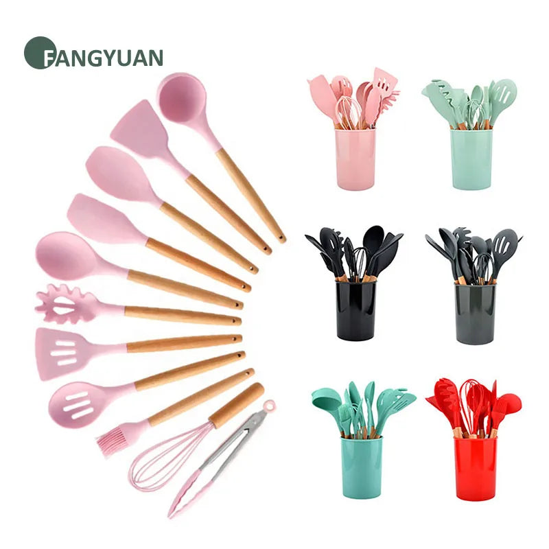 12pcs in 1 Set Wooden Handle Kitchenware Non Stick Accessories Silicone Cooking Kitchen Utensil Set Tools with Holder Box
