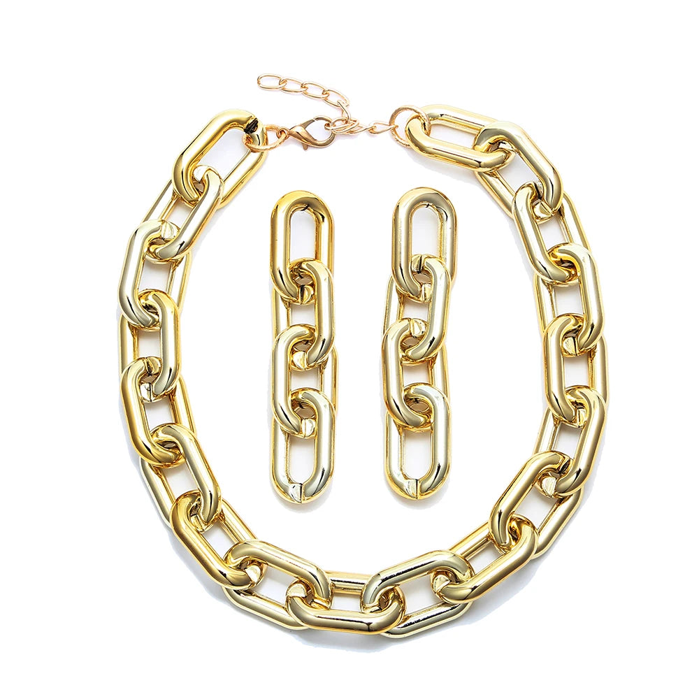 Punk Hiphop Round Resin Jewelry Set Gold Sliver Rose Gold Hollow U Shape Acrylic Long Link Chain Necklace Earrings