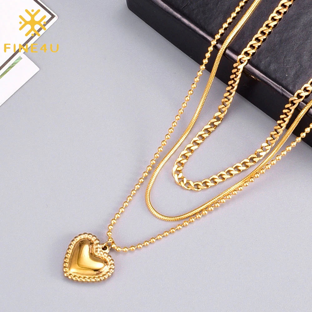 Fashion Bijoux Acier Inoxydable 2023 Stainless Steel 18K Gold Plated Heart Pendant Layered Snake Chain Necklace