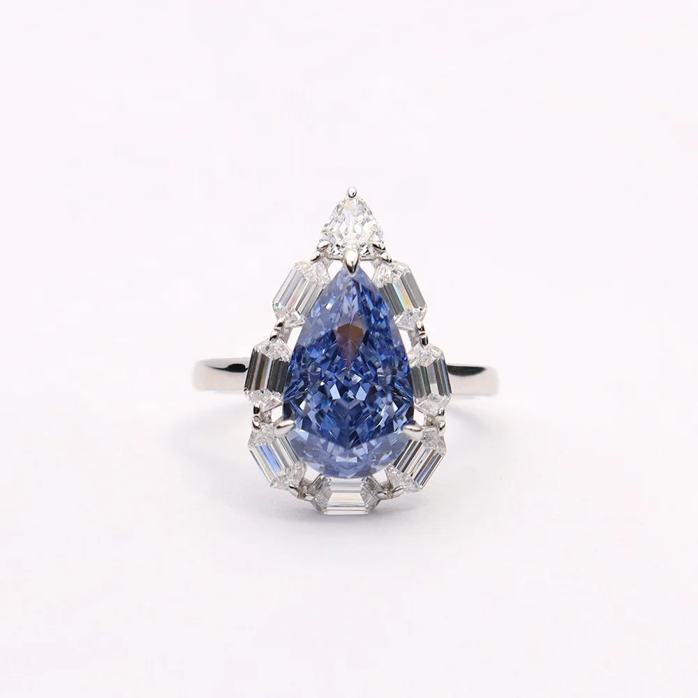 Pear Shape High Carbon Diamond 925 Silver Plated Platinum Water Drop Blue Ring Jewelry