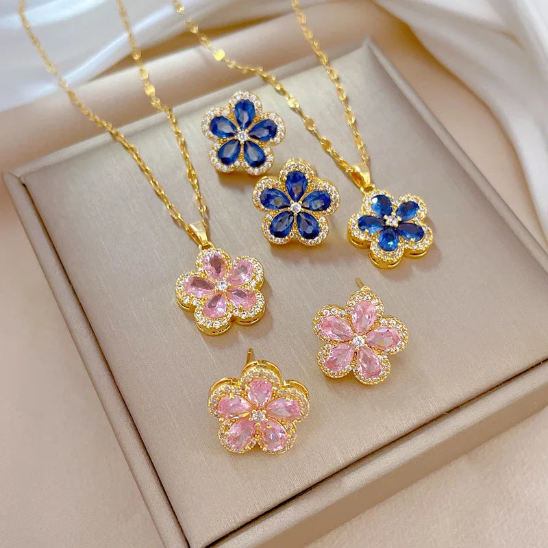 DAIHE Fashion Flower Crystal Zircon Stainless Steel Necklace Earring Set 18k Gold Plated Necklace Jewelry Set for Women