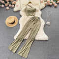 Womens Two Piece Pants Set Design Off-The-Shoulder Short Suspender Top Elastic Straight Trousers Two-Piece Set