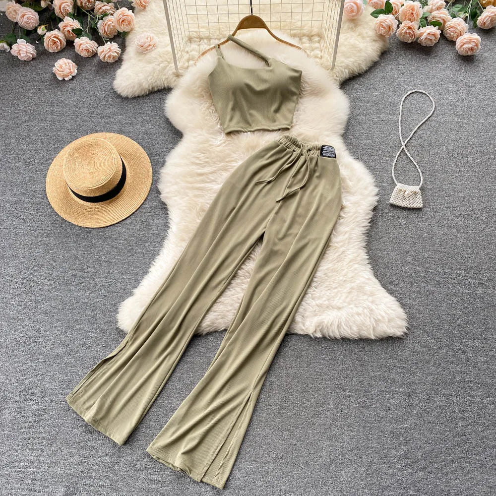 Womens Two Piece Pants Set Design Off-The-Shoulder Short Suspender Top Elastic Straight Trousers Two-Piece Set