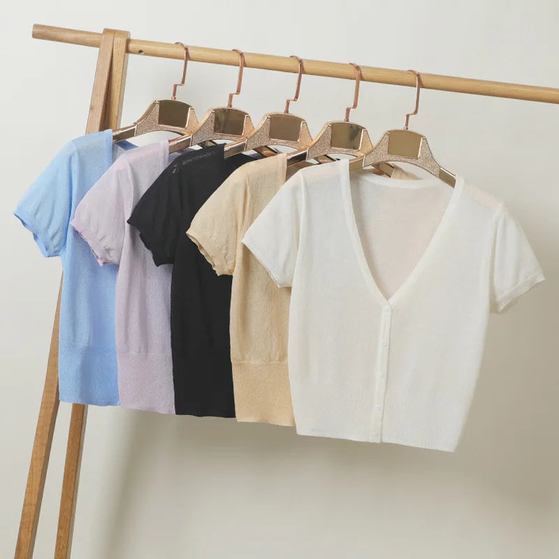 M-4XL V-neck air Conditioning Shirt Summer Thin Top Ice Silk Knitwear Women's Cardigan Short Sleeve Sunscreen Shirts