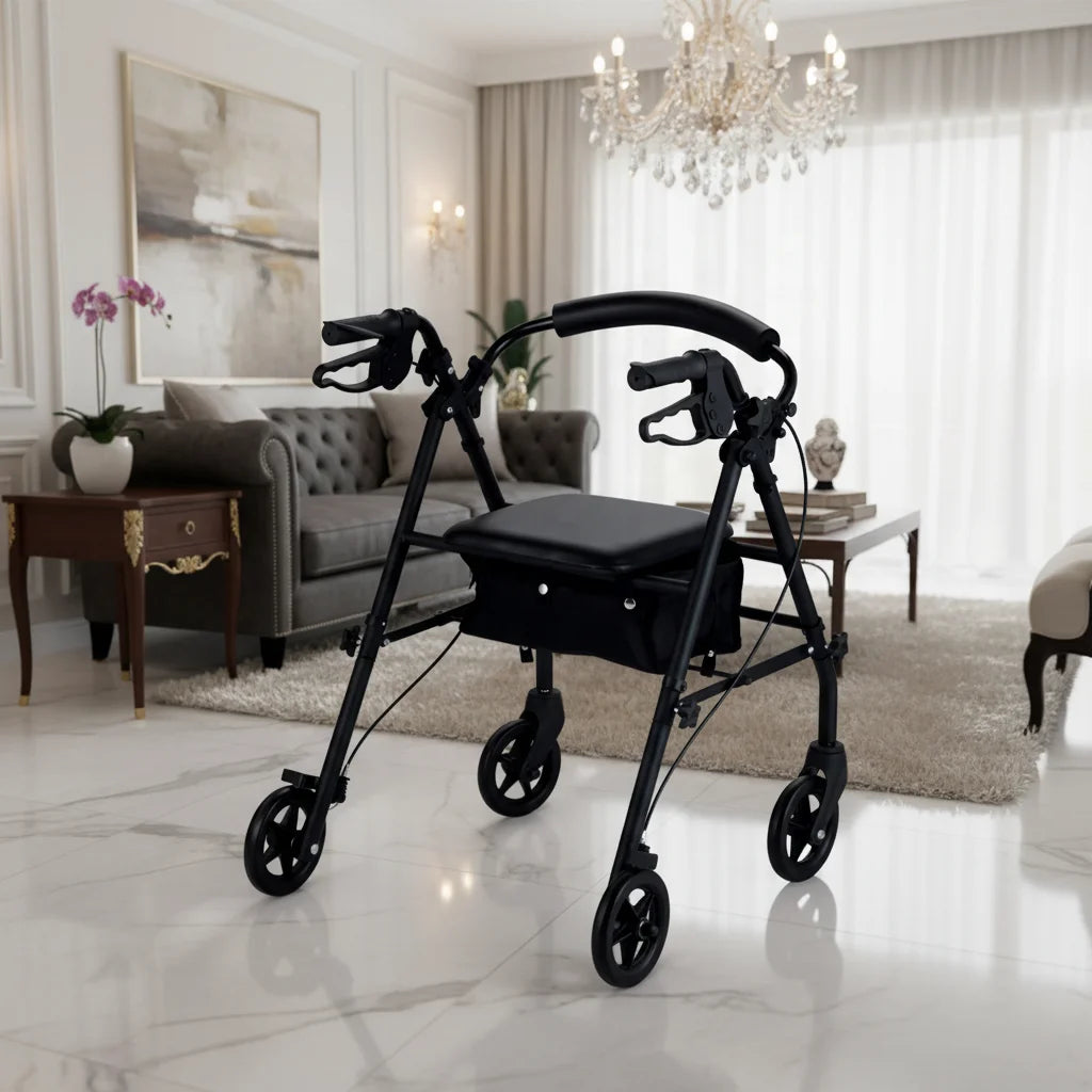 MSMT Aluminum Rolling Walker 6\" Wheels Height Adjustable Removable Back Support Folding Wheel Rollator Seat Walker Rollator