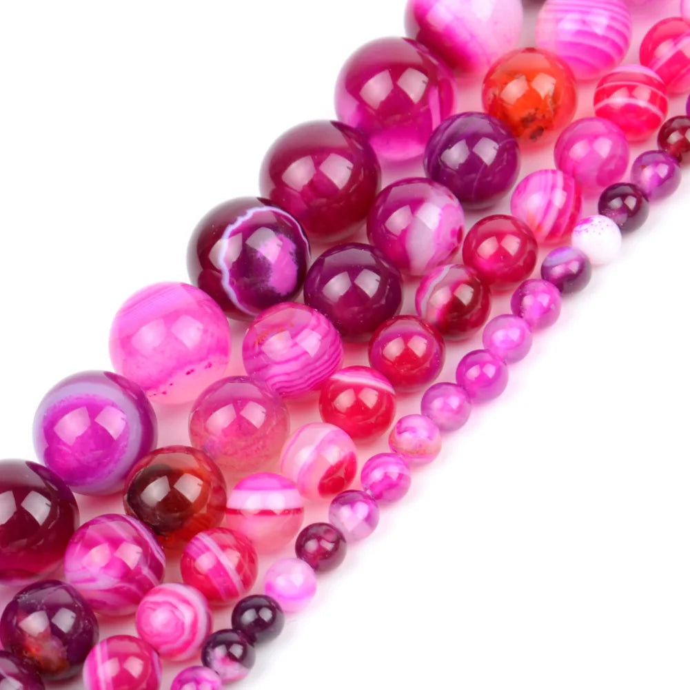 Wholesale 4/6/8/10/12mm Fuchsia Stripe Agate Round Loose Natural Stone Beads for Jewelry Making Findings DIY Handmade Bracelet