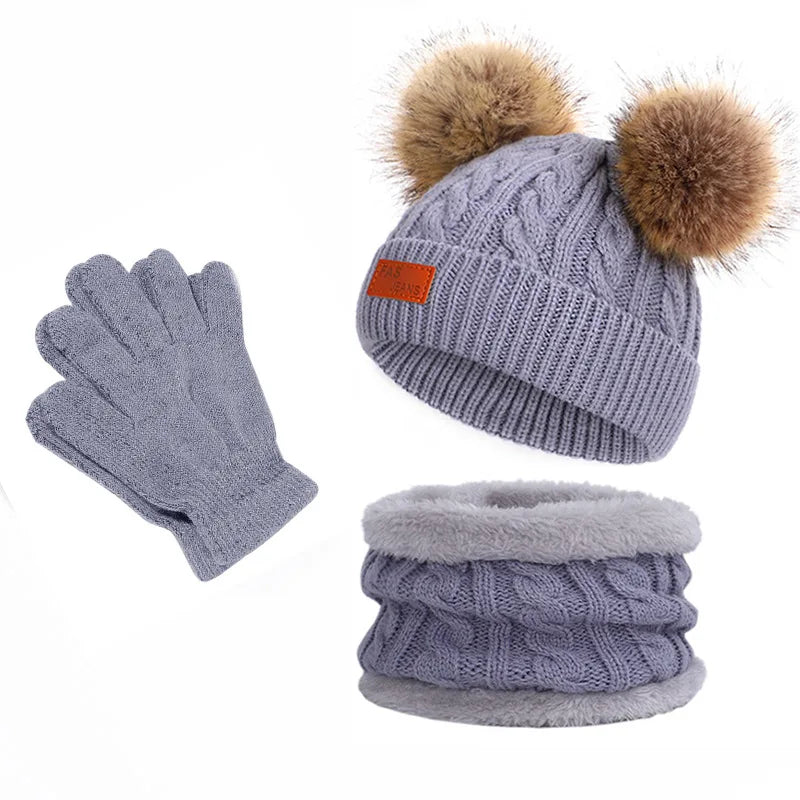 High Quality Winter Warm Wool Set for Girls and Boys Rib Cable Knitted Hat and Neckerchief in Plain Color for Business Scenes